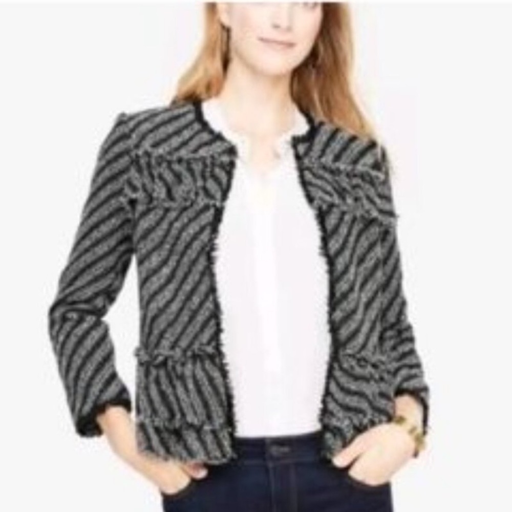 Ann Taylor Black and Gray Tweed Boucle Ruffle Trim Jacket Sz 6